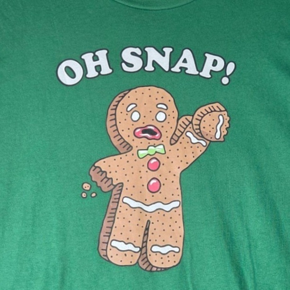 Holiday Time Graphic Tee Mens XL Green Oh Snap Gingerbread Man Christmas T-Shirt